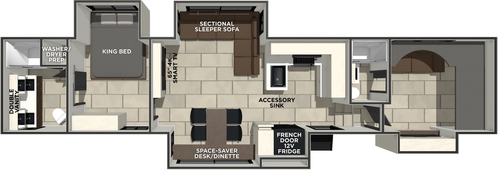 The Crusader FAM37 floorplan has one entry and four slide outs. Exterior features include: fiberglass exterior. Interiors features include: bunk beds, rear bathroom and two full bathrooms.